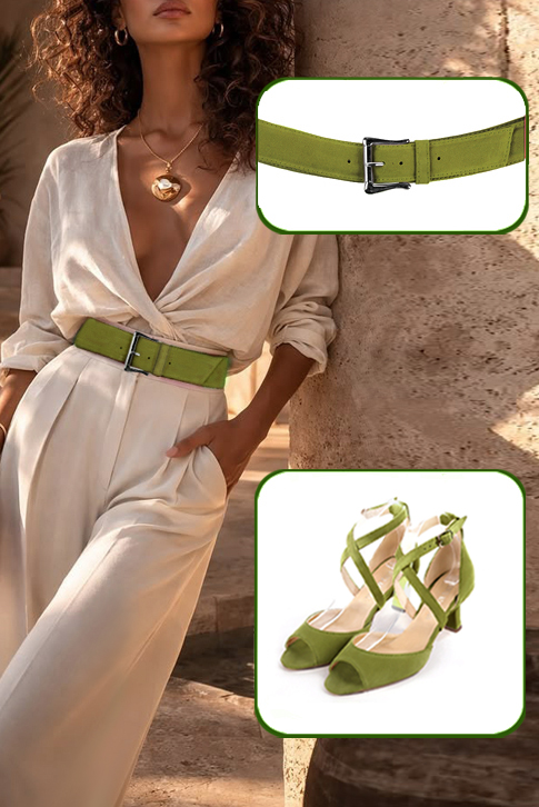 Women's pistachio green elegant sandals closed at the back with crossed straps. Square toe. Medium spool heels - Worn view
